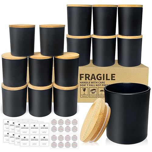 SUPMIND 15 Pack Candle Glass Jars- 7oz Matt Black Empty Candle Jars with Bamboo Lids and Sticky Labels, Bulk Candle Jars for Making Candles Containers - Dishwasher Safe - Black - 7 fl.oz