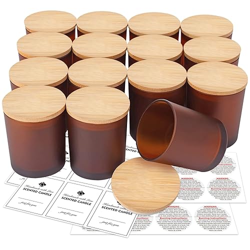 SUPMIND 15 Pack Candle Glass Jars- 7oz Frosted Amber Empty Candle Jars with Bamboo Lids and Sticky Labels, Matte Brown Candle Jars in Bulk for Making Candles Containers - Dishwasher Safe - Frosted Amber - 7 fl.oz