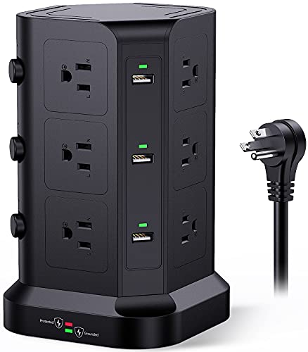 Power Strip Tower by KOOSLA, [15A 1500J] Surge Protector - 12 AC Multiple Outlets & 6 USB Ports, Flat Plug 14 AWG Heavy-Duty Extension Cord 6.5ft, Home Office Supplies, Dorm Room Essentials Black - 6.5 ft - Black
