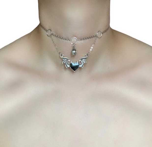 Silver Chain Choker with a Winged Black Heart Charm | Alt Inspired