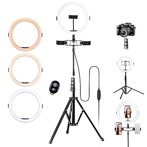 K&F Concept Strong Ring Light with Stand, 3 Phone Holders, Remote Control, Dimmable Ring Light (10” Carry with 95" Light Stand)