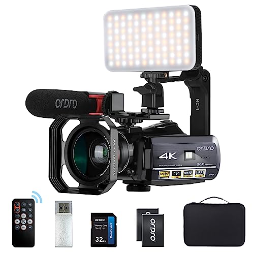 ORDRO AC3 Camcorder 4k Video Camera1080P 60FPS IR Night Vision Camera Ghost Hunting Camera with Microphone, LED Light, Wide-Angle Lens, Handheld Holder and Carrying Case - AC3-SET5