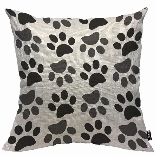 Mugod Black Dog Paw Cushion Cover Throw Pillow Covers Repeat Pattern on White Background Pillow Case for Men Women Decorative Home Sofa Chair Couch 45x45cm/18x18 Inch