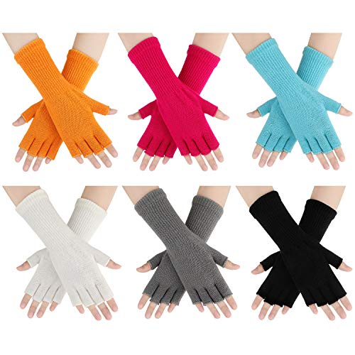6 Pairs Warm Half Finger Gloves Stretchy Knit Fingerless Gloves 8.6 Inches Colorful Soft Gloves for Winter Daily Use - Black, White, Blue, Orange, Pink, Grey
