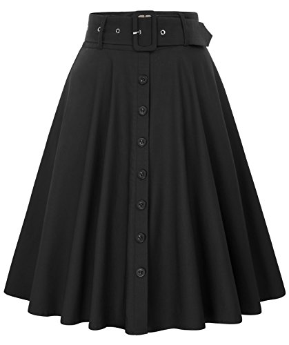 Vintage High Waisted Flared A-Line Midi Skirt with Belt Pockets & Belts - Black - XX-Large