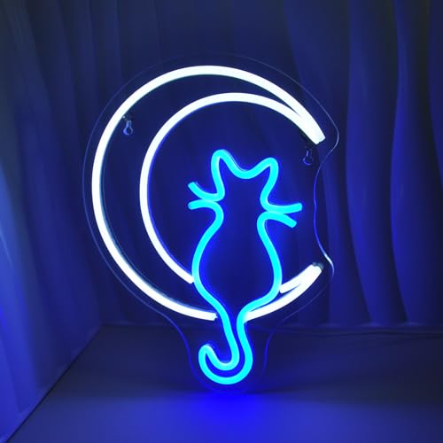 Moon Cat Neon Signs for Wall Decor White Blue LED Light Sign for Preppy Room Decor Light Up Sign for Birthday Party Decoration USB Powered - Moon Cat