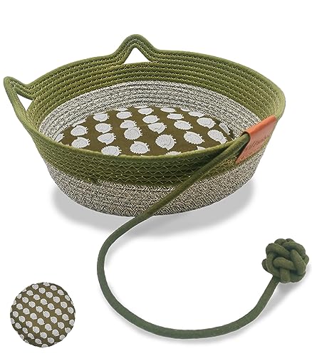 Panbo Hand Woven Cat Bed with Toy Tail, Kitten Shaped House Natural Cotton Linen Cat Scratch Pad, Breathable and Odorless Indoor Puppy Bed Mat - Green L with Cushion Pad - Large - Green with Cushion