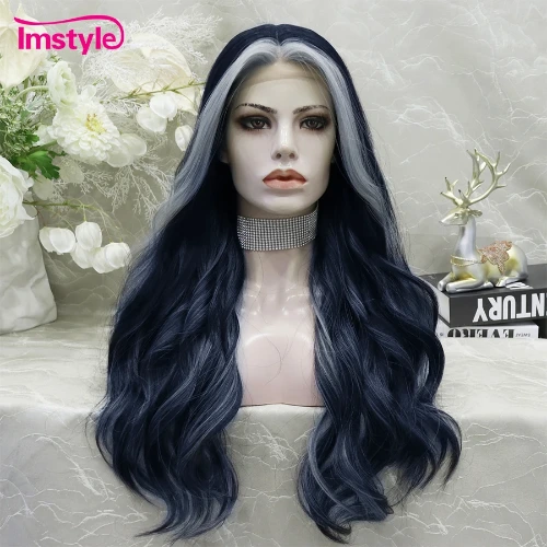 Imstyle Synthetic Lace Front Wig For Women Wavy Dark Blue Wig Middle Part Wigs Heat Resistant Cosplay Wig Synthetic T Lace Wig - AliExpress 