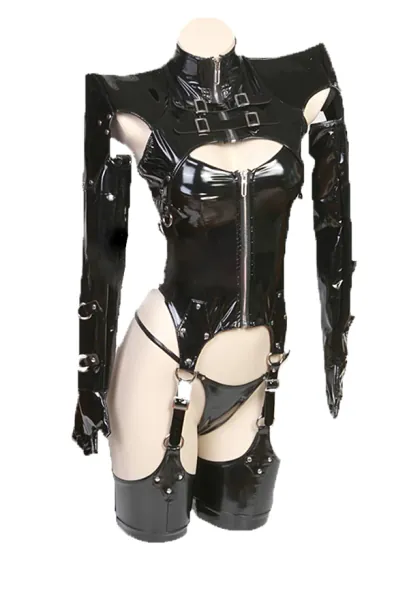 Sexy Lingerie Set Combat Style Cutout Bandage Long Sleeves Top and Thong Stockings