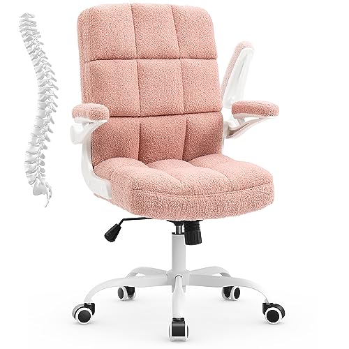 SEATZONE Home Office Chair Ergonomic Executive Desk Chair Comfortable Computer Chair with Flip-up Arms,Faux Fur Chair with Lumbar Support,Pink - Portable Pink