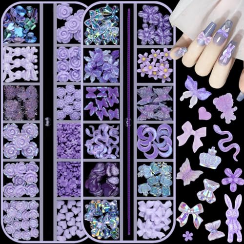 editTime 2 boxes 3D Mixed Nail Art Charms Kit, Big Resin Camellia Rose Mini Flower Butterfly Bow Moon Heart Star Bear Snake Crown Rabbit Nail Charm with Metal Nail Chain (Purple) - Purple
