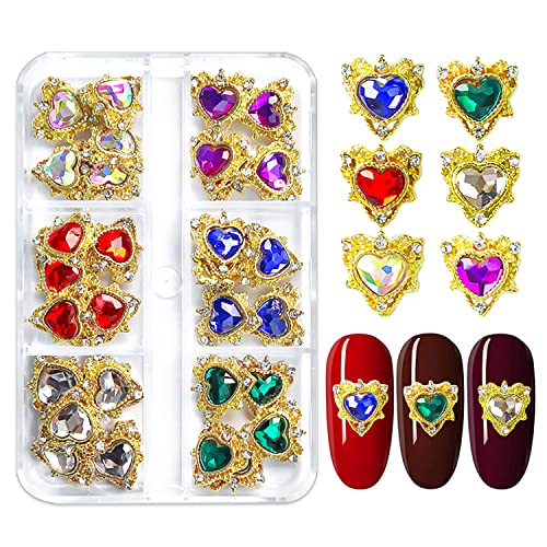 WOKOTO 30pcs 3D Hearts Nail Charms For Nails Holographic Coloful Nail Jewels Rhinestones For Nails Alloy Hearts Nail Gems Gold Nail Charms For Nail Art 3d Hearts Charms For Nails Big Nail Crystals - KIT2