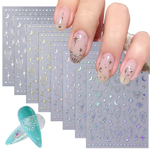 CHANGAR 8 Sheets Moon Star Nail Stickers for Nail Art Metallic Sun Totem Nail Decals Holographic Laser Gold Silver Nail Stickers Boho Sun Stars Moon Heart Nail Art Designs Decals for Women Nail Decora - 1