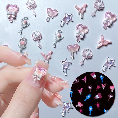 50pcs Random Luminous Resin Charms for Nails Glow in The Dark Beauty Girl Bow Heart Star Moon Scepter Nail Art Charms 3D Nail Charms for Acrylic Nails Flatback Rhinestones for Nails Resin Accessories