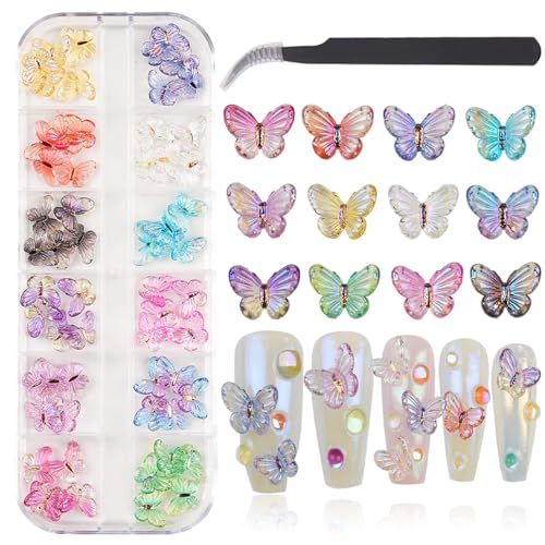 Butterfly Nail Charms - Colorful Nail Butterfly Charms with Tools- 12 Grid Resin Butterfly Nail Charms, Nail Art Supplies for Nails Jewelry Making DIY - B Butterfly Set