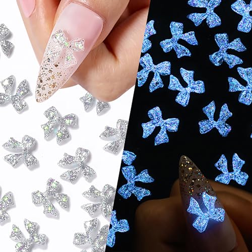 Nightglow Butterfly Nail Charms 3D Butterfly Nail Art Charms Decor 100 Pcs Acrylic Butterfly Nail Jewelry Supply Butterflies Nail Charms for Women Girls DIY Resin Manicure Crafts Design - Nightglow Bows