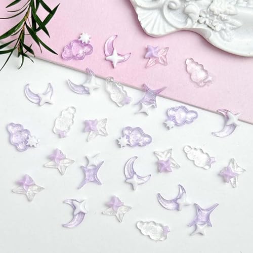 100Pcs Star Nail Charms Purple Nail Art Charms Moon Cloud Design Cute Moon Nail Rhinestone 3D Resin Nails Charms for Women Acrylic Manicure Art Supplies Decoration Accessories - Style 8