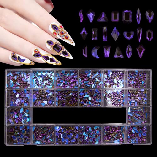 1000Pcs Flat Back Rhinestones for Nails, HOINCO Purple Rhinestones for Nails, Mix 20 Styles Flatback Rhinestone, Multi Shapes Gems Jewels for Nail Crafts with Professional Wax Pen and Tweezers - Purple3100