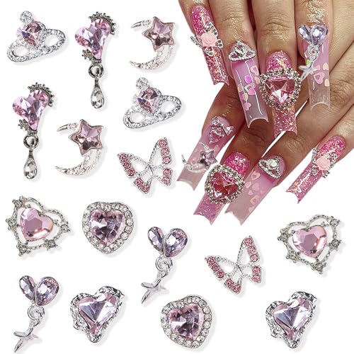 16Pcs Pink Butterfly Moon Heart Nail Charms for Nail Art Luxury 3D Silver Crystals Nail Gems Metal Pink Planet Heart Moon Nail Art Rhinestones for Acrylic Nails Jewelry DIY Manicure Accessories - HJ-7