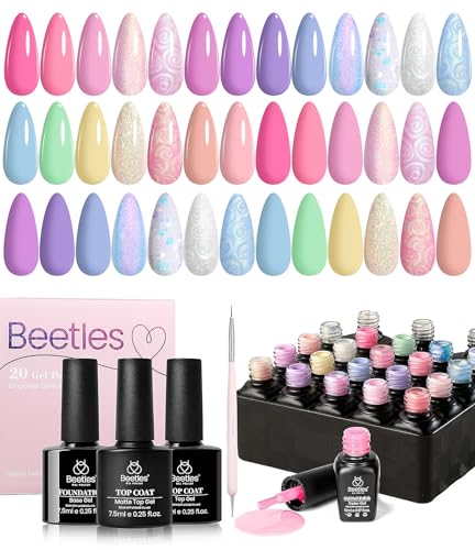 Beetles 24Pcs Gel Nail Polish Set, Pink Purple Pearl Pastel Blue Shimmer Chameleon Green Colors 2024 Gel Polish Kit, 3Pcs Base Gel Top Coat and Double-ended Brush Soak off UV Gel - 0 -20 Colors Dreamland Unicorn