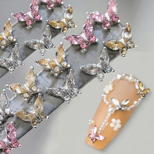 Mini Zircon Butterfly Nail Charms for Nails Design White Champagne Pink Rhinestone Crystal Butterflies for Nails Charms Nail Decor 3D Butterfly Charms Nail Jewels for Nail Art Charms Nail Accessories