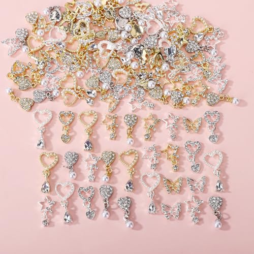 BJRSPGLS 40Pcs Heart Dangle Nail Charms Nail Rhinestones and Gems,Silver Gold Nail Jewels Charms Diamonds Stones for Nail Art,Valentines Love Star Dangling Nail Jewelry for Nails Design Variety