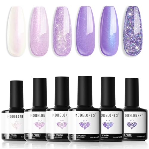 modelones Purple Glitter Gel Nail Polish Set, 6 Colors Shimmer Violet Mermaid Gel Polish Cat Eye Sparkle gel nail Soak Off Led Nail Gel Polish for Women Girl DIY Nail Art Gift - A Starry Cosmos