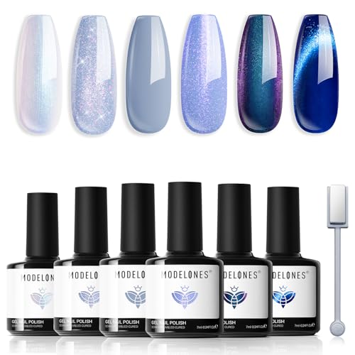 modelones Gel Nail Polish Set, 6 Colors Blue Collection Glitter Gel Polish Galaxy Dark Blue 9D Cat Eey Nail Gel polish with magnet Light Blue White Shimmer Pearl Soak Off Led Nail Art Gel DIY Salon - A A3-Blue Gala