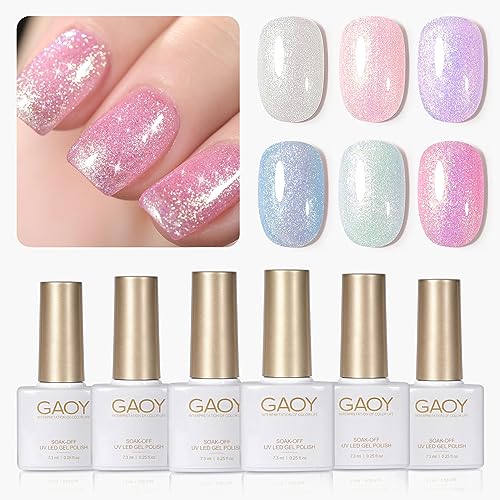 GAOY Pearl Gel Nail Polish Set in White Pink Peach Purple Blue Violet, Holographic Finishes Glitter Shimmer Gel Polish