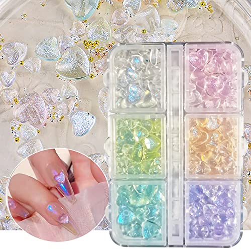 SANNXIX 3D Aurora Heart Nail Charms,200 Pcs Shiny Heart Nail Art Gems 6 Colors Crystal Glitter Valentine’s Day Nail Art Decoration Supplies Nail Rhinestone Acrylic Nail DIY & Salon