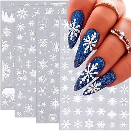 6 Sheets Christmas Nail Art Stickers Snowflake 5D Embossed Self-Adhesive Nail Decals,White Xmas Tree Winter Romance Nail Sticker,Holiday DIY Manicure Decoration Supplies Accessories for Women Girl - 6 Sheets, 5d Christmas Snowflake