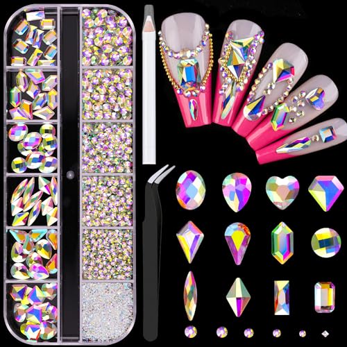 1560Pcs AB Glass Nail Rhinestones 60Pcs Multi Shapes Flatback Gems Crystal + 1500Pcs 1.5-4mm Round Beads, Manicure Diomand Jewelry Gemstones for Nail Design Makeup Acrylic Nails Decoration - A-03-AB Multi-shaped