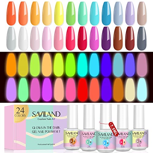 SAVILAND Glows in The Dark Nail Polish Set 24 Holiday Brighrly Colors Luminous Quicking-drying U V Neon Gel Nail Polish Set Reflective Glow Effect Full Coverage Easy to Use Gel Polish Holiday Gifts - A1-24 Colors Neon Glows In The Dark Set