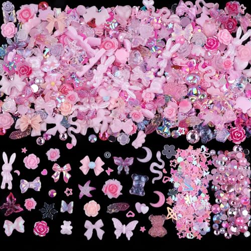Sinyanail 300pcs Nail Art Charms Kit,Over 100pcs Mixshape Resin Nail Gems and 100 pcs Mixed Flatback Nail Rhinestones Pearls with Over 100pcs Nail Sequins for Nail Art Accessories (Pink) - 100pcs-pink