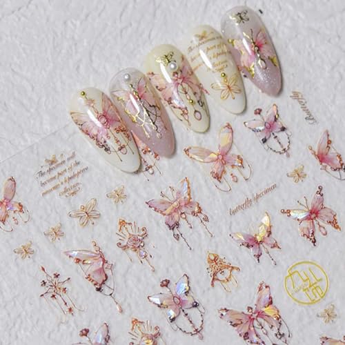 Butterfly Nail Art Stickers Decals 5D Butterfly Nail Stickers Pink Seashell Shinny Butterfly Nails Design 5D Embossed Nail Decals Butterfly Stickers for Women Girl DIY Manicure Nail Art Decorations - pink butterfly