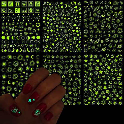 Luminous Nail Art Stickers, Fluorescent Nail Self-Adhesive Decals, Glow in The Dark Nail Art Design, Sun Moon Stars Love Heart Nail Sticker Decoration for Women Girls Manicure 3D Nail Decal(6 Sheets) - Luminous