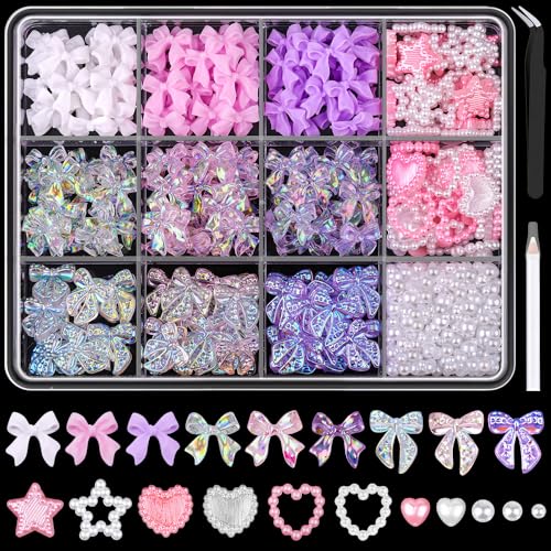 600 Pcs 3D Nail Charms and Flatback Pearls Set 12, 6 Colors Nail Bows Charm + Pink&White Star Heart Cute Nail Jewels + 2-4mm White Nail Pearls for Nail Art DIY Decoration with Pickup Tools - Set 12- 9 Colors