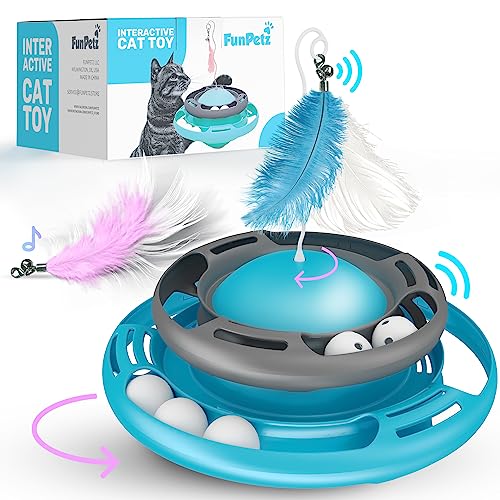 FunPetz Interactive Cat Toys for Indoors Cats - 2-in-1 Fun Kitten Toy - Puzzle Cat Toys for Boredom and Stimulating - Feather Cat Toy with Moving Ball for Indoor Cats Self Play