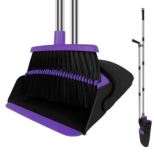 Broom and Dustpan Set Upright, 50-in Long Handle Self Cleaning for Home Kitchen Office Floor - Purple - 1 Count (Pack of 1)