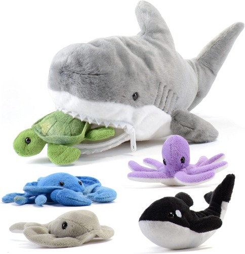 PREXTEX 15" Shark Plush Toy Stuffed Animal with 5 Small Stuffed Animals Sea Friends for Boys & Girls - Turtle, Whale, Octopus, Stingray & Crab Plush Toys for Kids 3-5