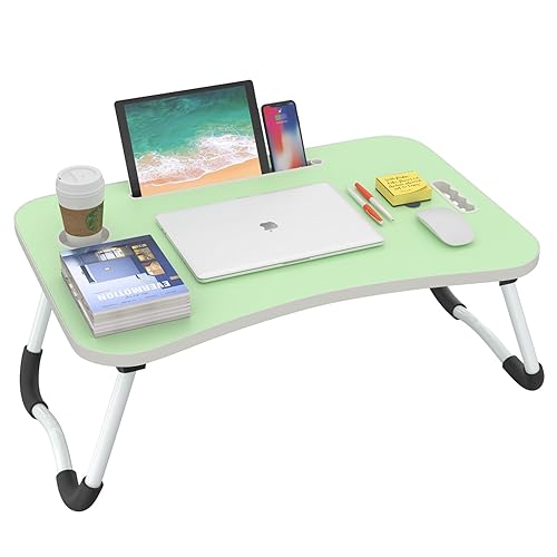 BUYIFY Folding Lap Desk, 23 Inch Portable Wood Green Laptop Bed Desk Lap Desk with Cup Holder, for Working Reading Writing, Eating, Watching Movies for Bed Sofa Couch Floor - Green