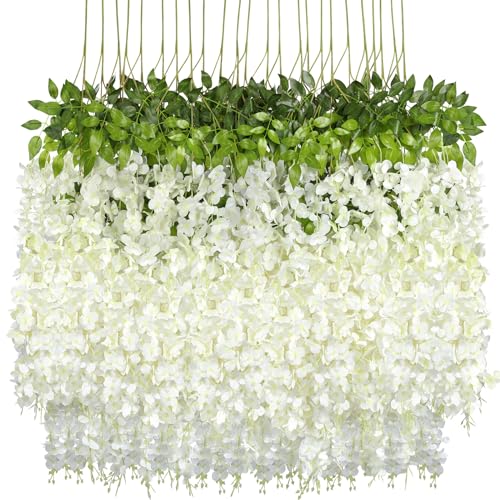 Pauwer Wisteria Hanging Flowers 24 Pack Fake Flower Garland Artificial Wisteria Vines Rattan Silk Flower String Wedding Party Wall Decorations,White - White - 24