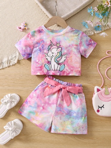 SHEIN Young Girl Unicorn Print Tie Dye Tee & Belted Shorts