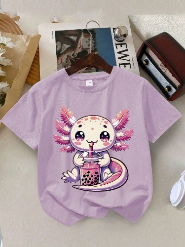 Young Girl's Cartoon Axolotl Print Round Neck Short Sleeve Tee Spring And Summer Casual T Shirt For Young Girl