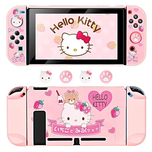 DLseego Protective Case for Switch Console with Dockable Hard Switch Cover Shell and Thumb Grip Caps - Cute Kitty Pink Case - Pink