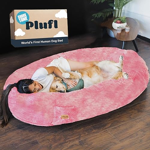 Plufl, The Original Human Dog Bed for Adults, Kids, and Pets. As Seen on Shark Tank. Comfy Plush Large Bean Bag with Memory Foam, Machine Washable, and Durable. Perfect nap and Floor Bed - Pink - Pink
