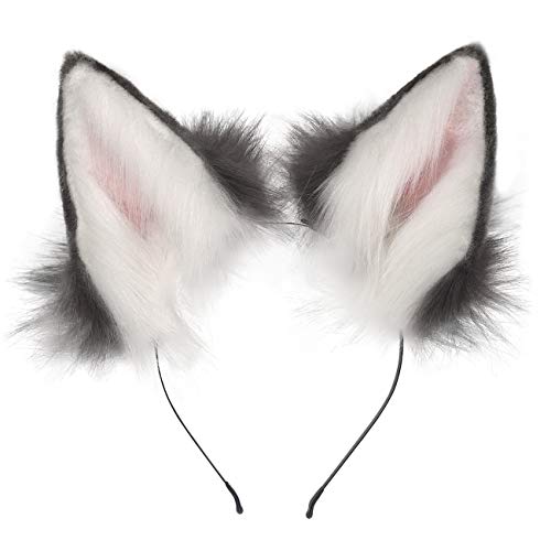 QinRuan Fox Cat Long Fur Ears Hair Headwear Wolf Animal Anime Halloween Cosplay Costume - Gray