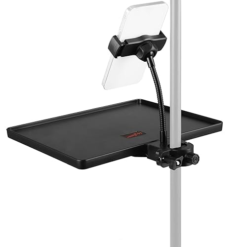 Mr.Power Microphone Stand Plastic Tray with Phone Holder, Mic Stand Clamp-On Rack Tray Holder for Most Mic Stands, for Stage, Live Streaming, Concert Performance, Karaoke (10.6" x 8") (Large) - Large