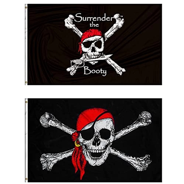3x5 FT Pirate Flags The Booty Flags and Jolly Roger (Red Scarf) Flag 2 Pack - The Booty Flag and Jolly Roger Flag