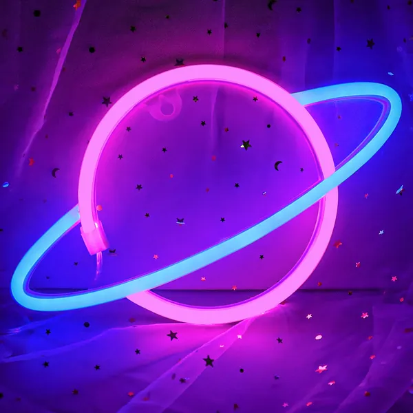 Planet Neon Signs, Cisteen Led Neon Light Sign Powered by Battery or USB, Wall Decor Led Lights Home Decoration Hanging Art Neon Signs for Bedroom,Game Room,Bar,Party,Kids Gift (Blue&Pink)